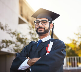 Portrait, certificate and man with arms crossed for graduation, success or goal outdoor. Face,...