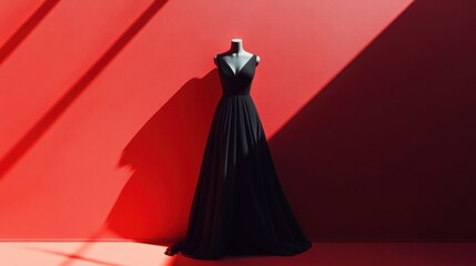Obraz premium Elegant evening gown on a red mannequin, highlighted in a minimalist setting, perfect for a fashion-focused visual