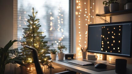 A warm home office is beautifully decorated with holiday lights and a small tree, creating a festive atmosphere for work