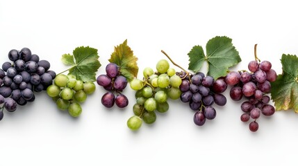 Fototapeta premium A colorful arrangement of fresh grapes, showcasing different varieties and vibrant colors against a clean background.