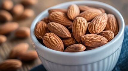 Protein-packed roasted almonds in a bowl, healthy snack option, high in protein
