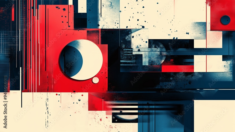 Poster abstract geometric composition with bold colors and shapes on a textured background creating a moder
