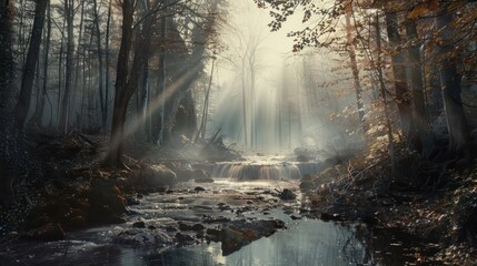 Fototapeta premium Sunbeams Through Mist in the Forest