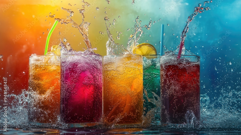 Canvas Prints Four Glasses of Colorful Drinks with Splashing Water