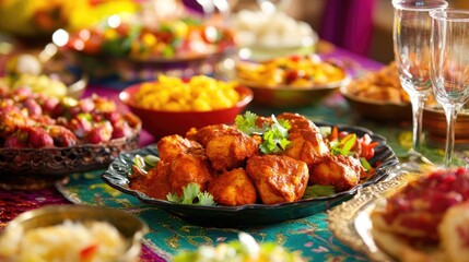 Indian culinary feast showcasing chicken tikka masala, tandoori chicken, and appetizers, arranged on a vibrant, festive table setting.