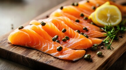 Protein-packed smoked salmon slices with capers and lemon, served on a wooden board