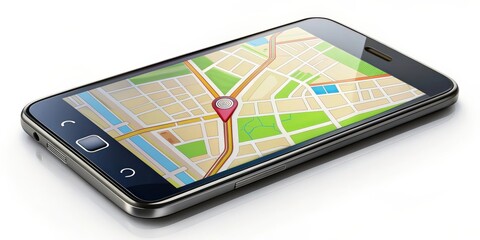 Modern smartphone displaying GPS map navigation app, Smartphone, GPS, Navigation, Map, Technology, Device, Mobile