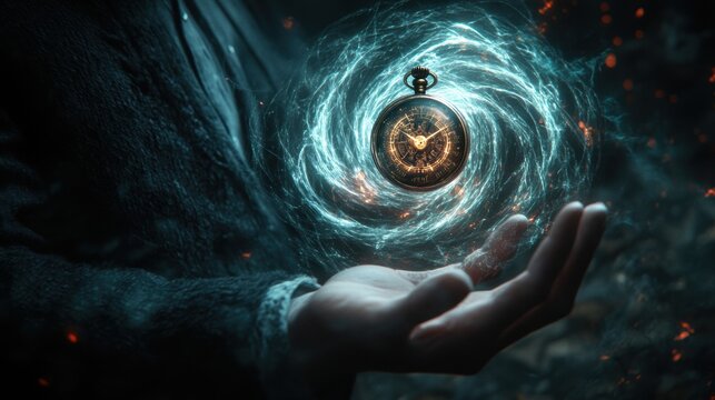 an enigmatic individual holding a pocket watch with mesmerizing swirls, representing mind control and sparking intrigue and curiosity