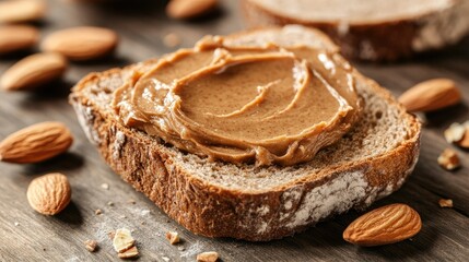 Protein-rich almond butter spread on whole grain bread, healthy and nutritious snack