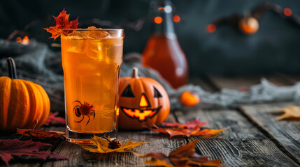 A festive Halloween cocktail served in a Jack-o'-Lantern glass, surrounded by pumpkins and autumn leaves, set against a bokeh-lit background for a spooky and fun celebration