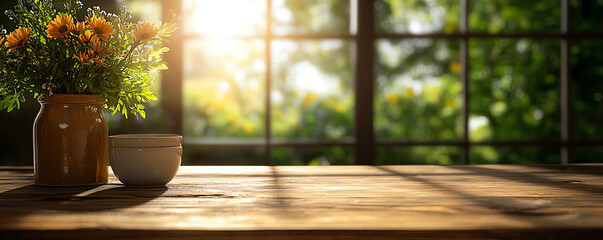 A serene interior scene featuring a wooden table adorned with a flower pot, basking in warm sunlight through a window.