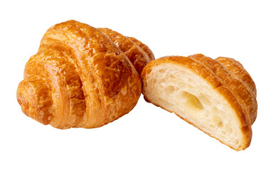 Top view of single brown croissant with half isolated on white background with clipping path