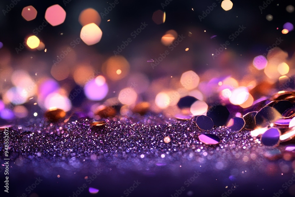 Poster a vibrant display of shimmering purple and gold confetti scattered on a dark surface creating an enc