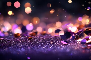 A vibrant display of shimmering purple and gold confetti scattered on a dark surface creating an enchanting bokeh effect at night