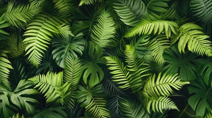 Intricate fern leaves overlapping to create a dense, natural background with vibrant green hues.