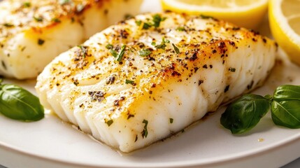 Protein-rich baked cod fillet with herbs and lemon, served on a white plate