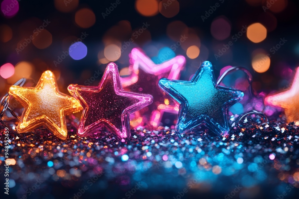 Poster colorful decorative stars shimmering on a sparkling surface during a festive event in a dimly lit se