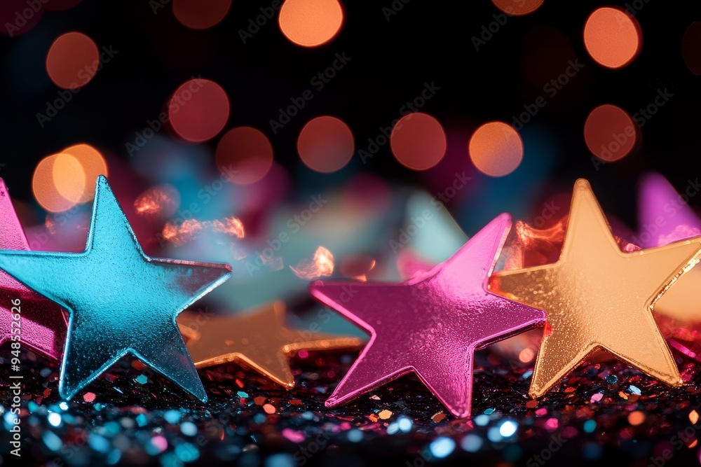 Poster colorful metallic stars adorn a sparkling surface, creating a festive atmosphere with soft lights in