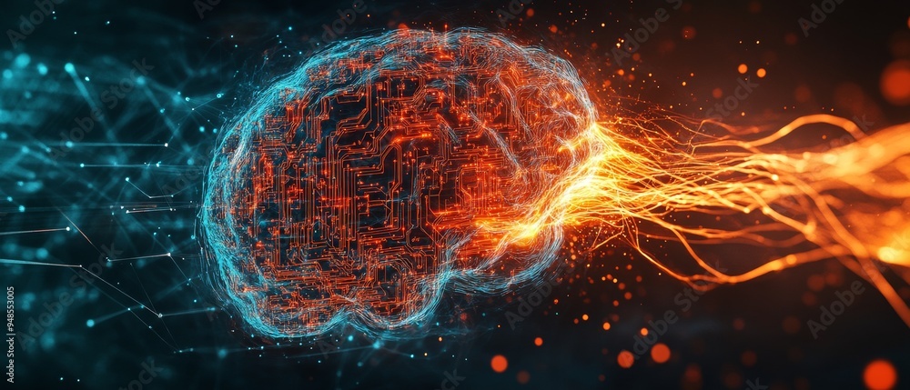Aufkleber futuristic digital brain with ai energy stream on dark background