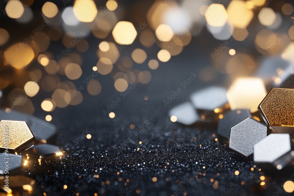 Poster shimmering hexagonal decorations scattered on a textured surface with a soft, warm glow highlighting