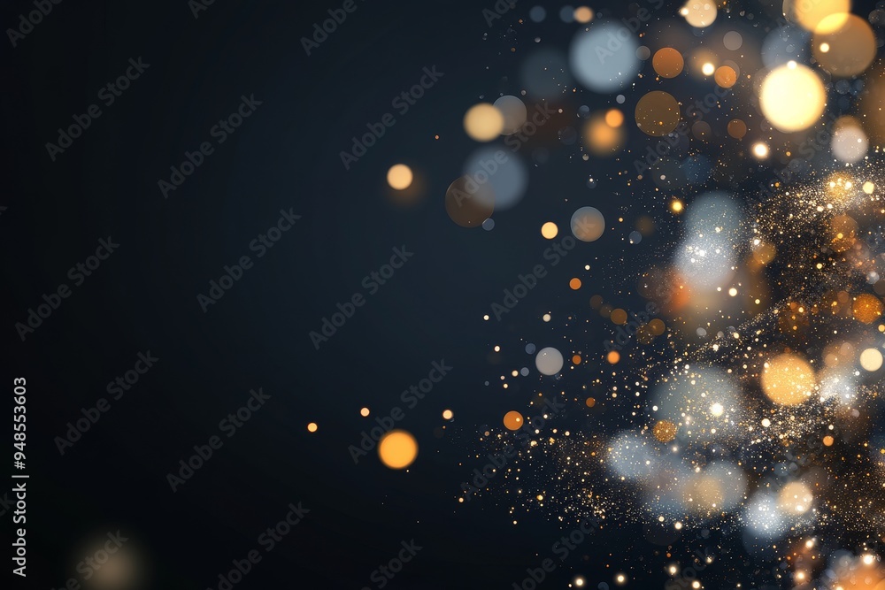 Poster dynamic splash of colorful bokeh lights in a dark background, creating a festive atmosphere during a