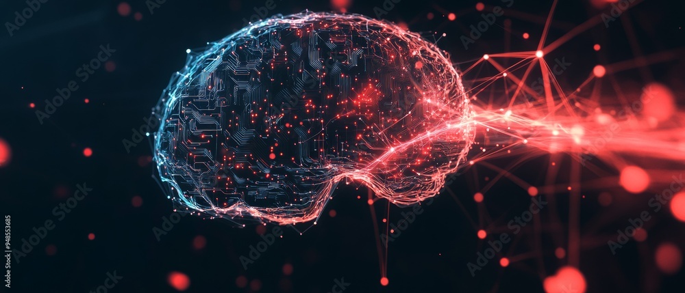 Poster futuristic digital brain with ai energy stream on dark background