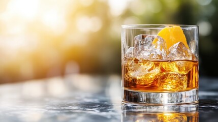 A refreshing glass of whiskey with ice cubes and a slice of orange sits on a marble surface, capturing the crisp, inviting essence of a relaxing moment in the sun.