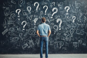 A man stands in front of a blackboard with question marks and scribbles, trying to figure out the details of his business plan Generative AI - Powered by Adobe