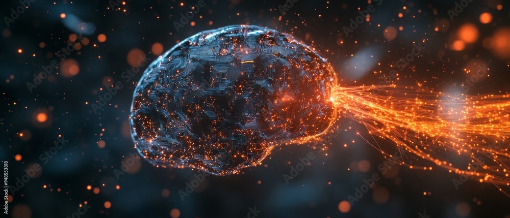 Poster futuristic digital brain with ai energy stream on dark background