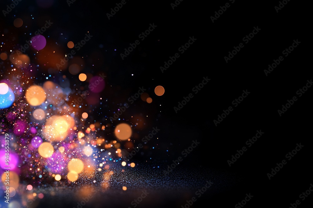 Poster colorful bokeh lights sparkling against a dark background, creating a festive atmosphere in a whimsi