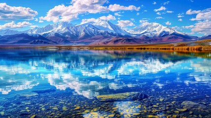 A serene mountain lake with clear blue water reflecting the sky and snow-capped peaks.