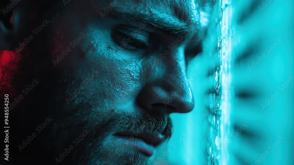 Poster a turquoise-toned close-up of a server unit showcasing the intricate design and glowing lights of mo
