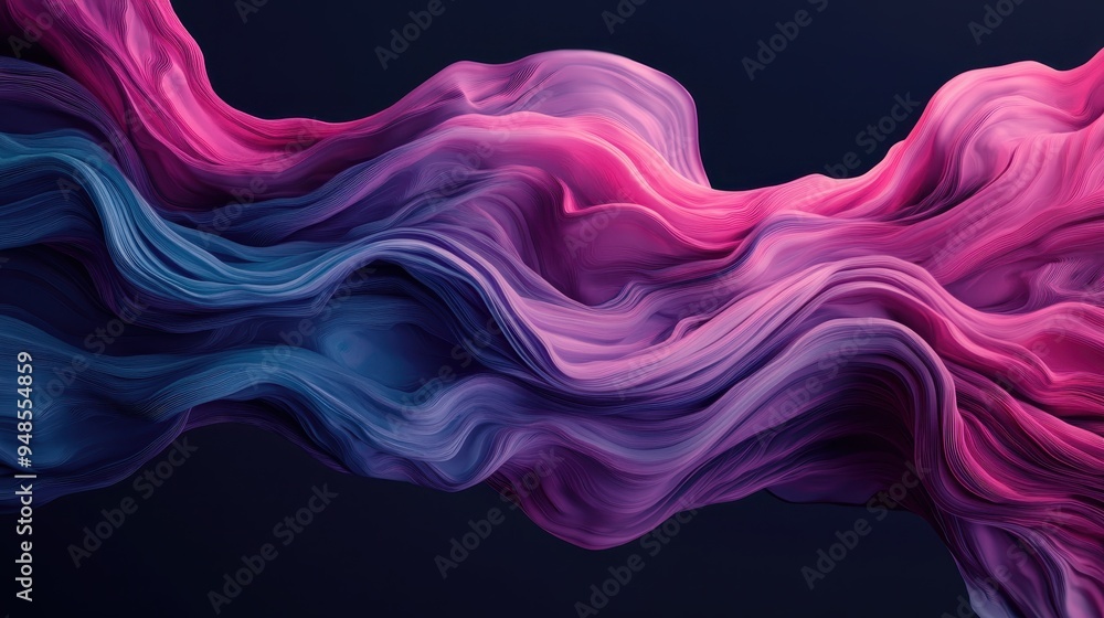 Poster a stunning visual of flowing abstract waves blending shades of pink and blue, creating a dynamic and