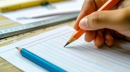 Student's hand holding a pencil on a blank lined paper with a ruler nearby, ready for drawing or writing