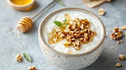 Protein-rich Greek yogurt with honey and nuts, served in a bowl, nutritious and delicious
