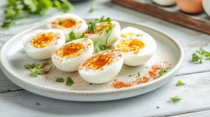 Protein-rich hard-boiled eggs with a sprinkle of paprika, served on a white plate