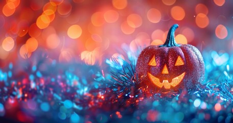 Naklejka premium A glittery pumpkin with a carved face glows with vibrant bokeh lights, capturing the essence of Halloween festivity.
