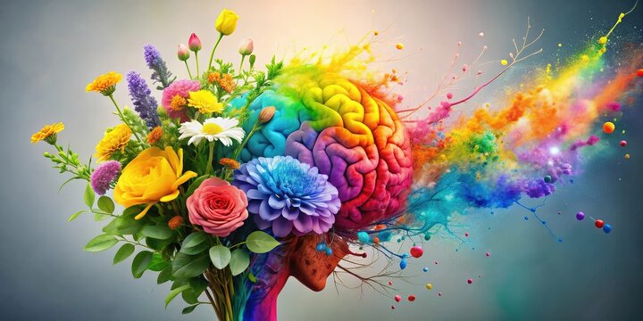 Colorful rainbow paint splashing from a human brain with flowers growing
