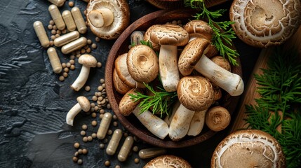 Mushroom supplement tablets alongside fresh mushrooms and herbal ingredients on a dark surface