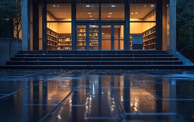 Rainy Evening at Public Library Entrance with Water Pooling on Steps, Reflective and Moody Atmosphere, Photo Realistic