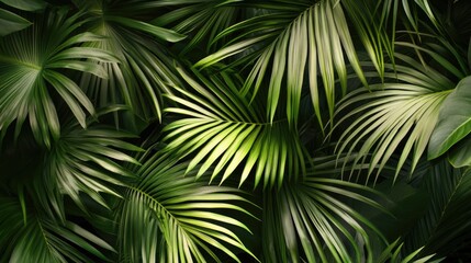 Lush palm leaves arranged artistically, filling the frame with rich green hues.