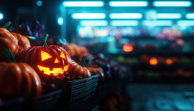 A Halloweenthemed cyberpunk market with neoncolored pumpkins and digital treats
