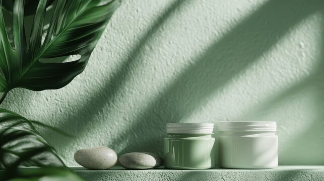 A serene setting showcasing natural spa products such as jars of skincare cream, green plant leaves, and smooth stones, all arranged artistically against a light green background.