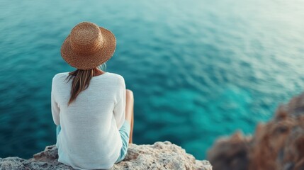 A woman in a straw hat and casual attire sits on the edge of a rocky cliff, gazing out at the calm, turquoise ocean waters below, surrounded by a tranquil atmosphere.