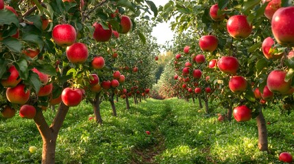 20. **An apple orchard with trees full of ripe apples ready for picking.