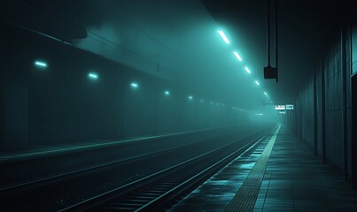 Misty Night at Deserted Subway Station with Dim Lights and Eerie Mood, Photo Realistic