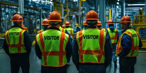 Visitors wearing appropriate safety gear such as hard hats and highvisibility vests at an industrial site are demonstrating the importance of workplace safety during guided factory tours for all