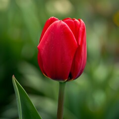 A single red tulip in bloom with a blurred green background.