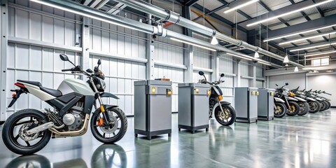 High-tech electric motorbike batteries, EV concepts, and motorcycle chargers in a modern workshop setting, electric