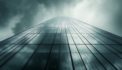 Fototapeta premium Rainy Day Outside Modern Skyscraper with Reflective Glass Facade and Stormy Sky, Dynamic and Moody Atmosphere, Photo Realistic
